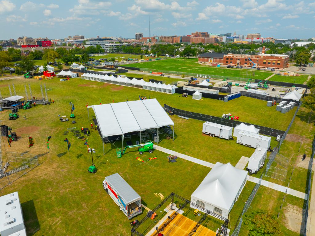Aerial view of festival tent rental with large structure tents at Afronation Festival in Detroit