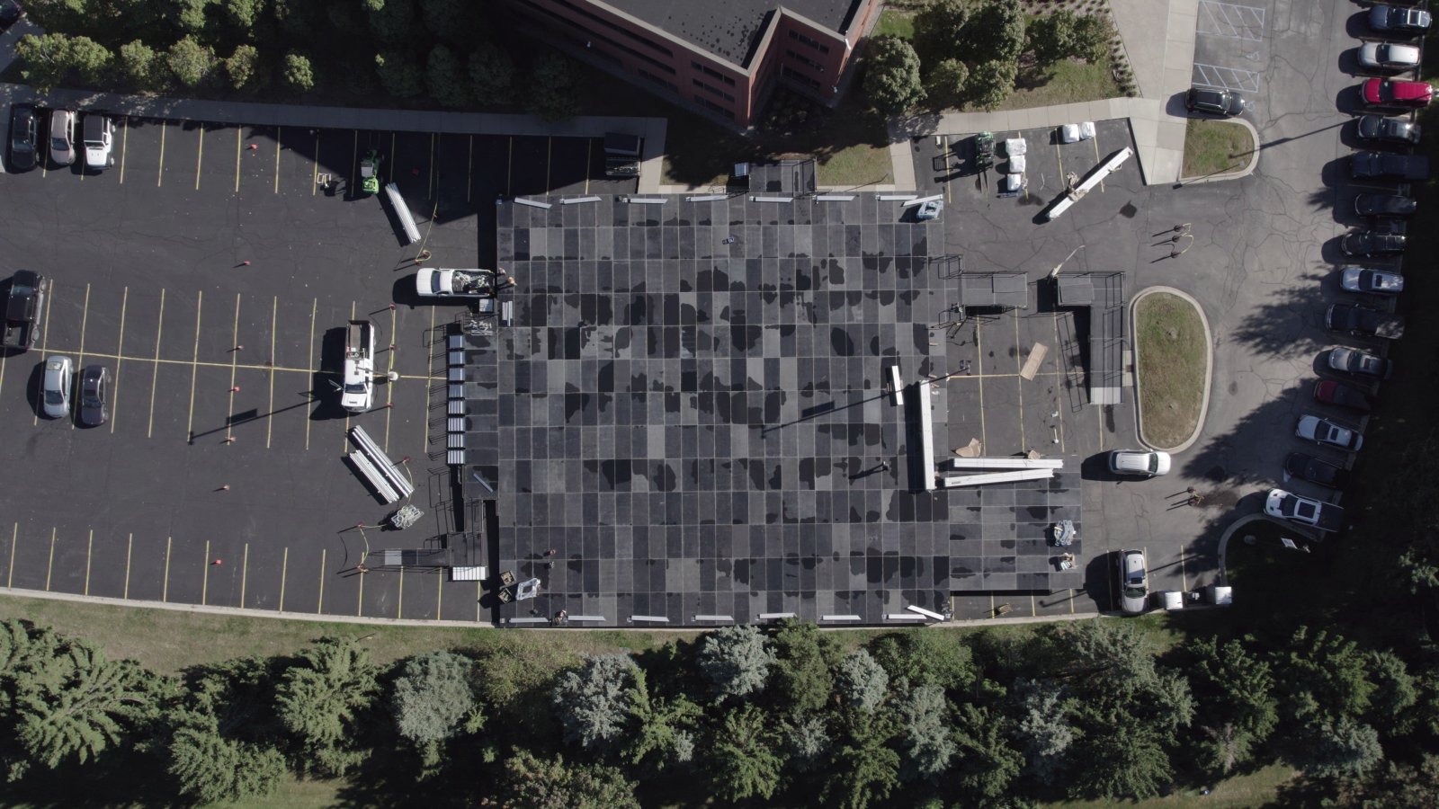 Aerial view of massive raised and leveled deck platform installed in parking lot