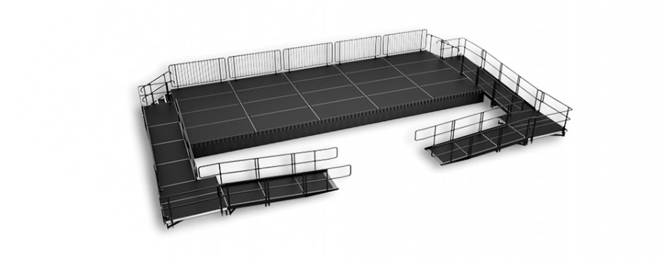 Stage-Rite all-purpose modular stage decking system with railing, ramp, and steps