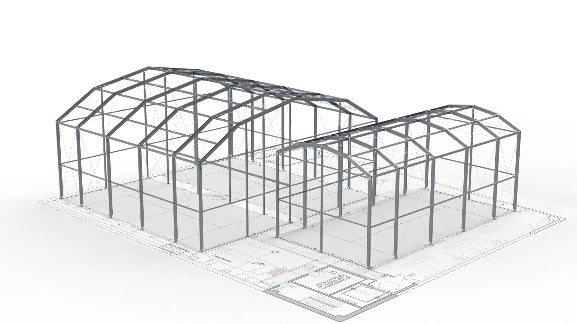 Engineering render of connected arch profile structure frames used for branded installations