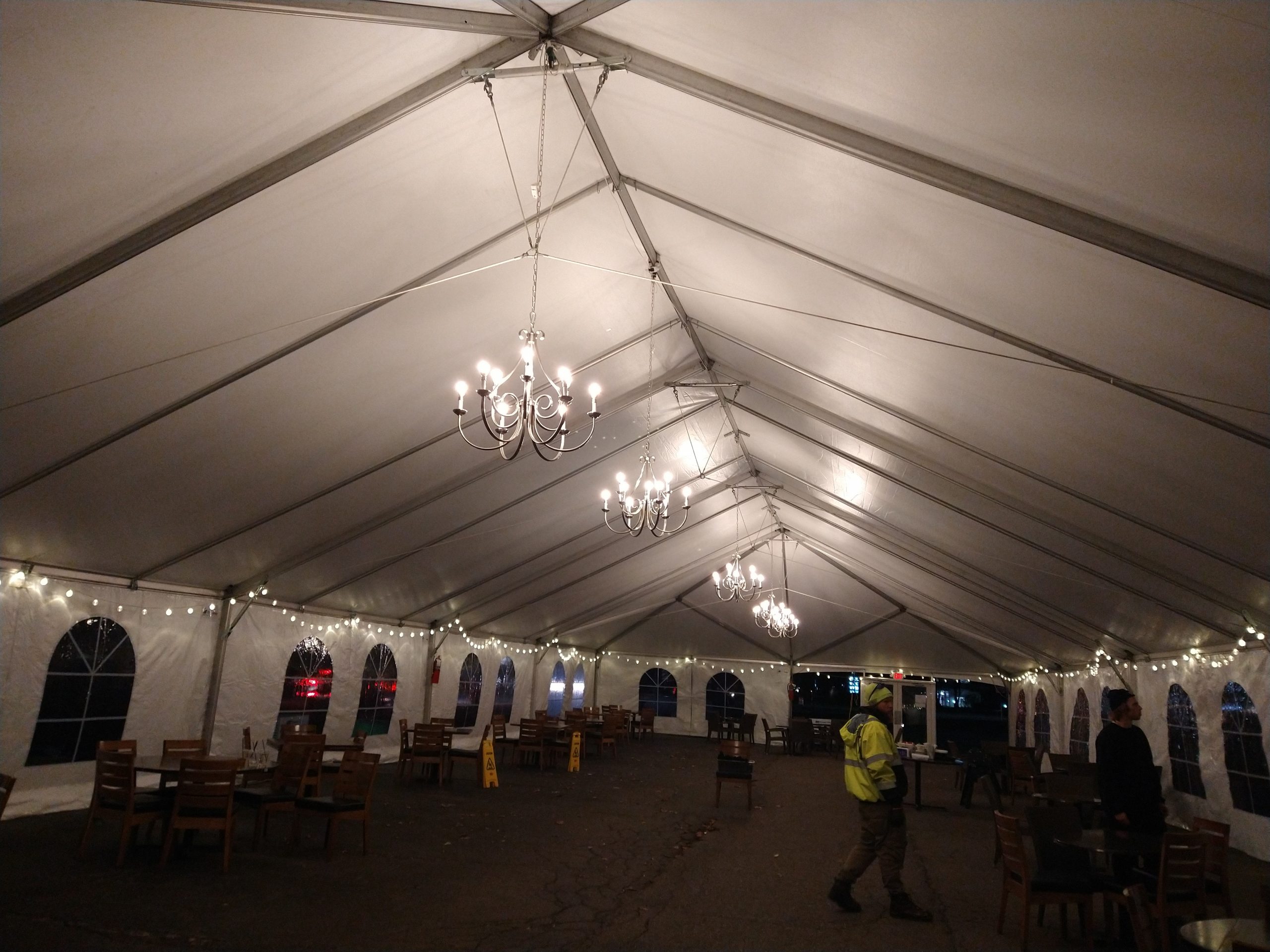 frame tent with chandeliers